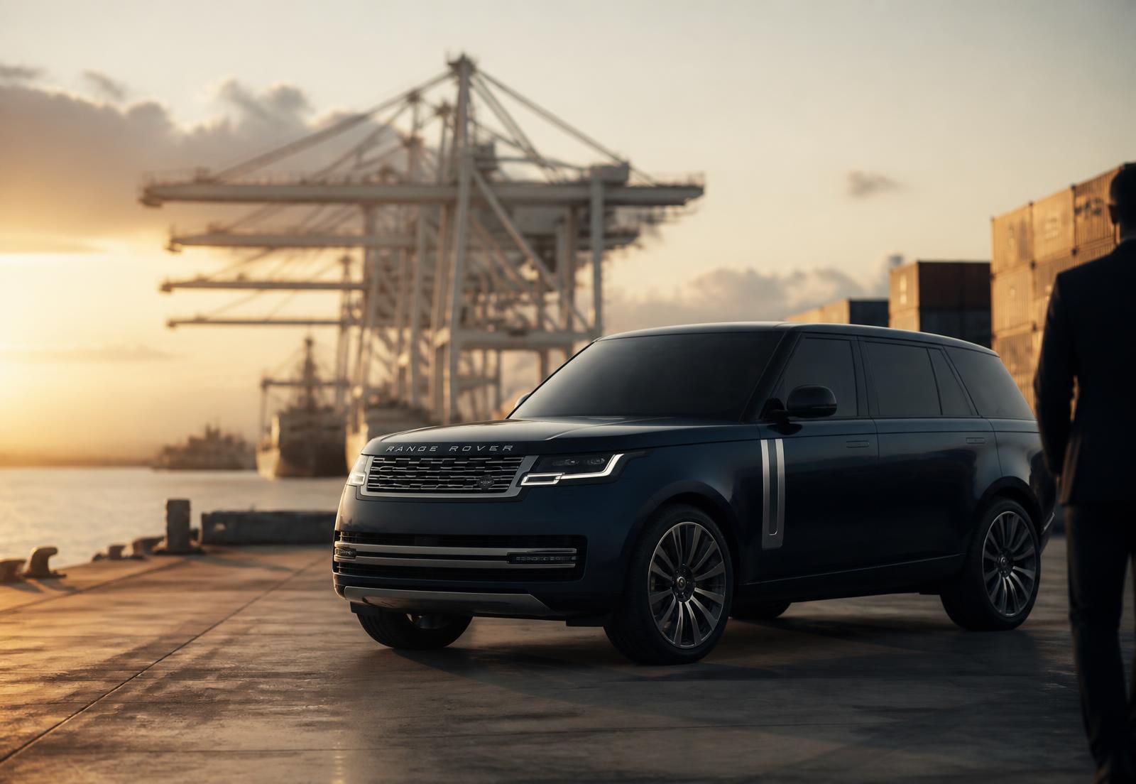 Luxury SUV at a container port terminal at dawn